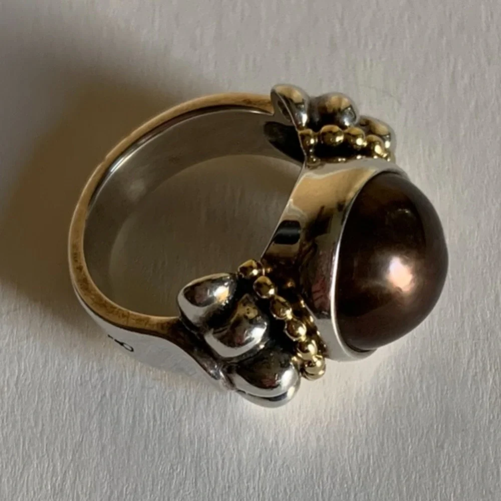 LAGOS SS and 18K gold caviar black mobe ring